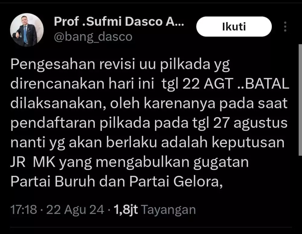 DPR RI umumkan RUU Pilkada batal disahkan   © YouTube DPR RI umumkan RUU Pilkada batal disahkan   © YouTube