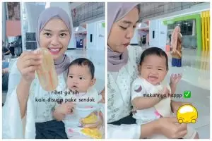 Emak-emak ini punya trik praktis menyuapi anak makan, tak repot bawa banyak alat saat di luar rumah
