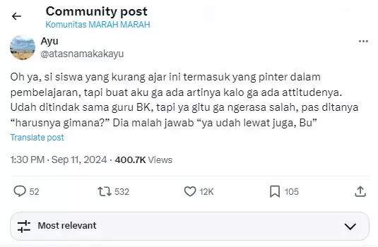 curhatan miris guru tidak dihargai siswa © X