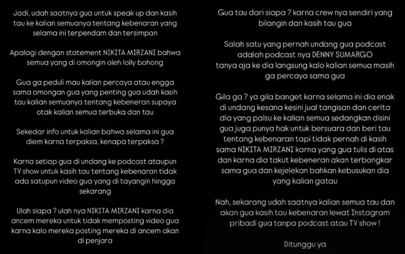 Denny Sumargo enggan tayangkan podcast Lolly © Instagram Denny Sumargo enggan tayangkan podcast Lolly © Instagram