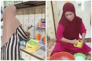 Cara wanita mencuci piring ini nggak bikin pegal meski tanpa wastafel, kreatifnya boleh juga