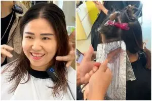 Wanita paruh baya berambut tipis usai di styling ini hasilnya auto fresh, jadi tampak lebih muda