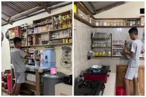 Dapur beratap seng tanpa kitchen set ini penataan raknya mirip warkop, isinya super lengkap