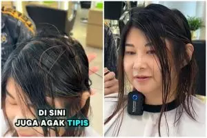 Emak-emak rambut super tipis usai di styling ala pixie cut ini hasilnya auto muda, wajah lebih fresh
