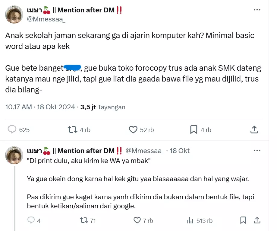 Curhat tukang fotokopi sebut anak zaman sekarang punya kelemahan ini © 2024 X