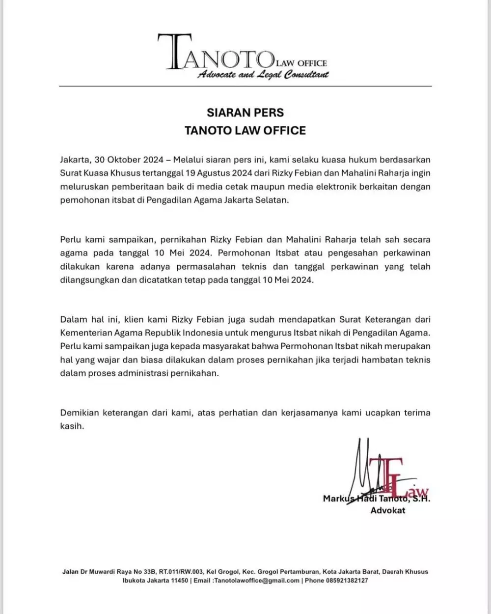 klarifikasi kuasa hukum Rizky Febian dan Mahalini berbagai sumber