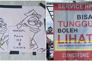 [KUIS] Kamu biasa isi pulsa di mana? Jawabannya tentukan spanduk lucu konter HP yang bikin ngakak