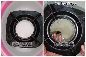 Tak perlu direndam semalaman, begini cara hempaskan kerak tebal berminyak di tatakan kompor gas