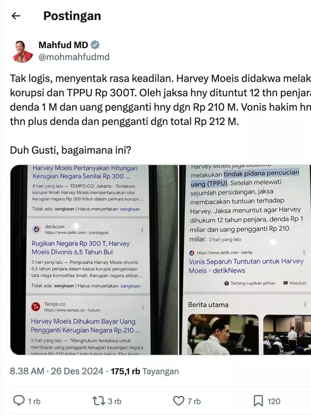 Bandingkan dengan China koruptor dihukum mati, Mahfud MD kritik vonis 6,5 tahun penjara Harvey Moeis instagram Bandingkan dengan China koruptor dihukum mati, Mahfud MD kritik vonis 6,5 tahun penjara Harvey Moeis instagram