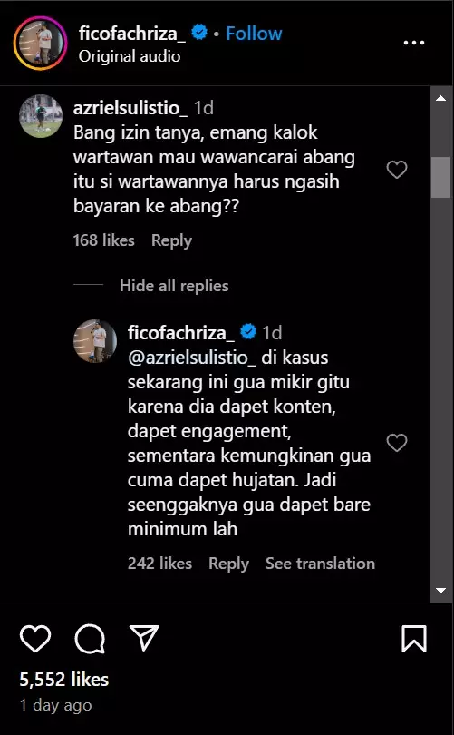 Fico Fachriza minta bayaran ke wartawan © Instagram