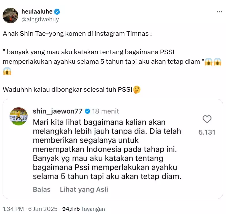 komentar anak shin tae-yong setelah anaknya dipecat  © 2025 brilio.net komentar anak shin tae-yong setelah anaknya dipecat  © 2025 brilio.net