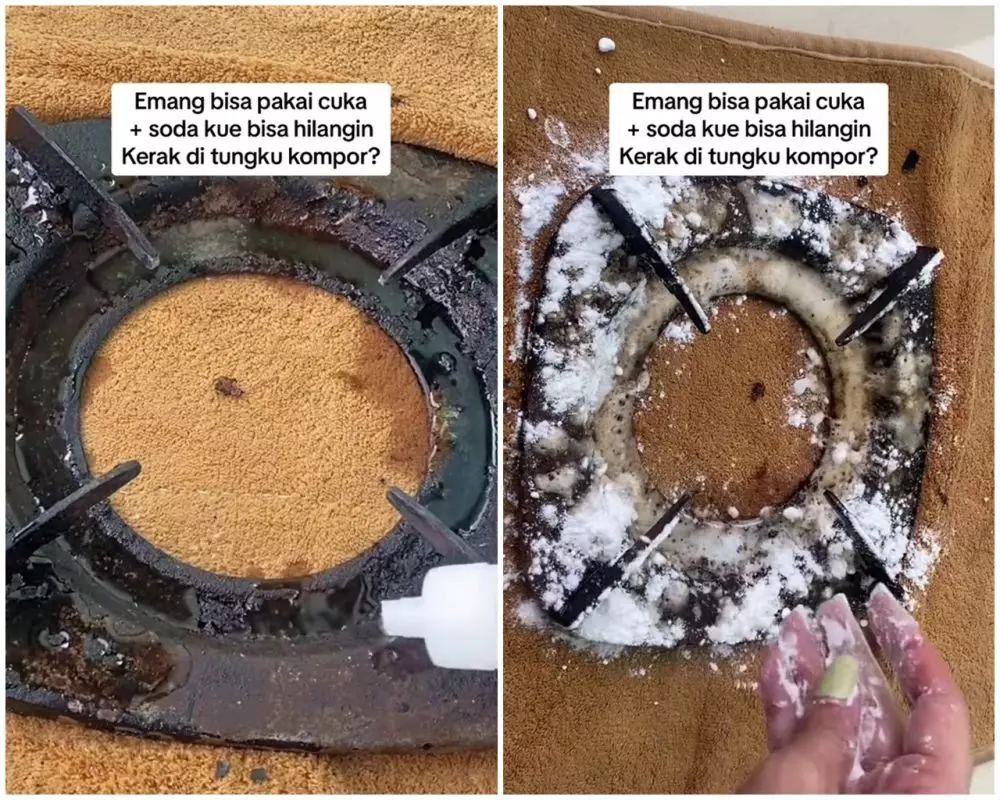 trik bersihkan tatakan kompor gas berkerak tebal © TikTok