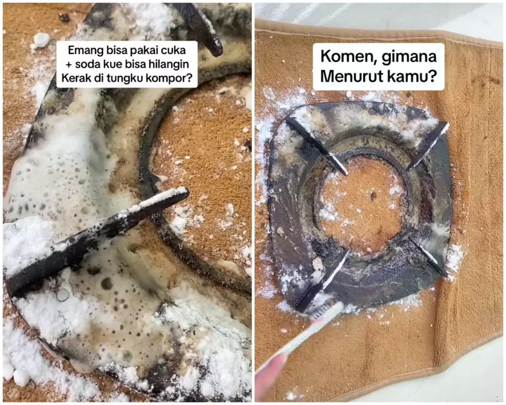 trik bersihkan tatakan kompor gas berkerak tebal © TikTok