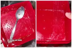 Jangan buru-buru digosok spons, ini cara hilangkan noda lemak bekas daging wadah plastik dalam 1 menit