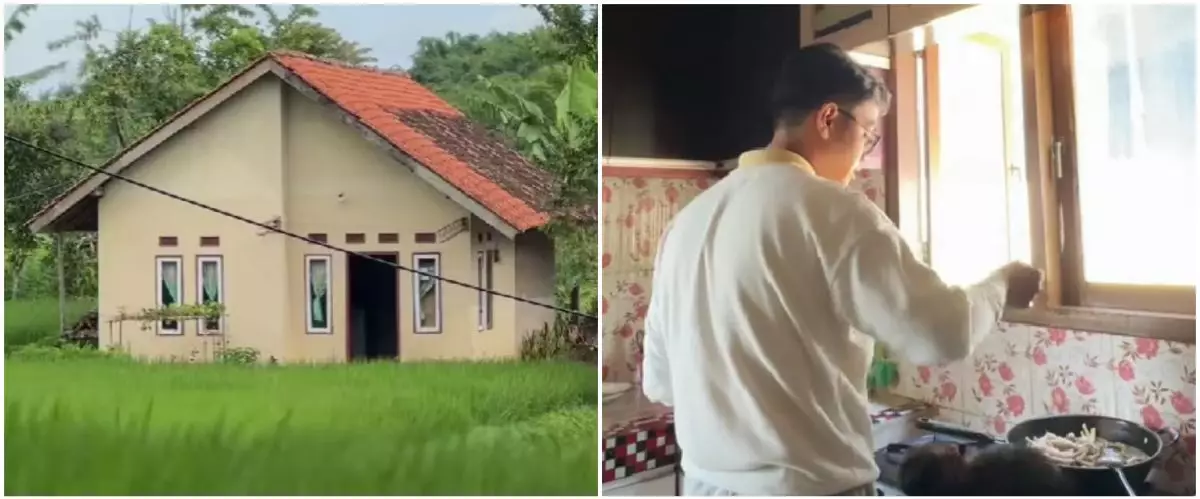Dari luar terlihat hunian sepetak di tengah sawah, 7 potret interior dapurnya estetik meski full motif