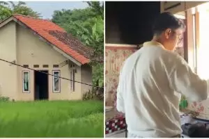 Dari luar terlihat hunian sepetak di tengah sawah, 7 potret interior dapurnya estetik meski full motif