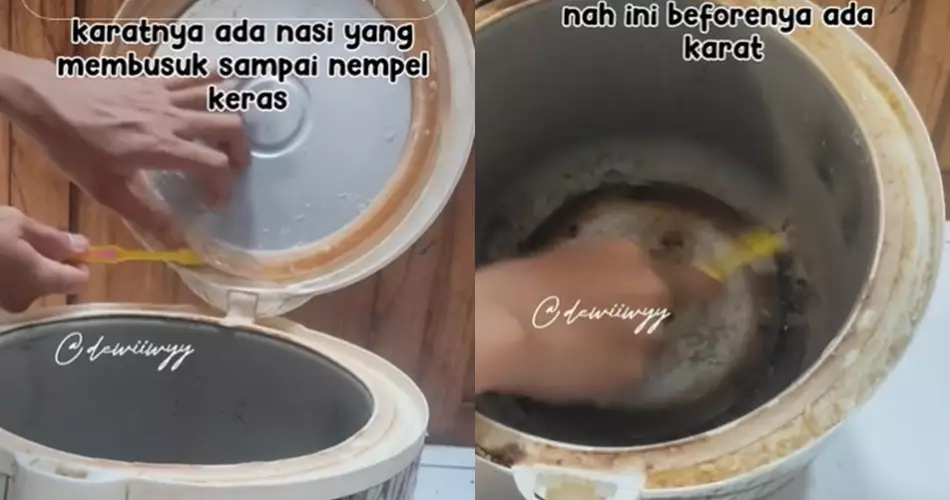 Noda kerak di bagian luar dan dalam magic com © TikTok
