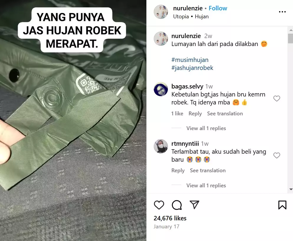 Cara mudah menambal jas hujan sobek © Instagram Cara mudah menambal jas hujan sobek © Instagram