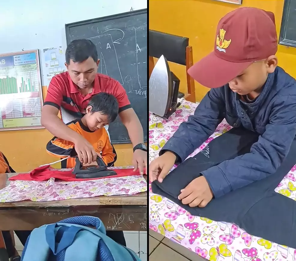 guru olahraga ajarkan murid nyetrika dan lipat pakaian © 2025 TikTok