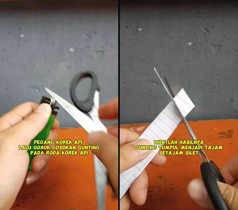 trik tajamkan gunting berkarat pakai korek gas  © 2025 TikTok