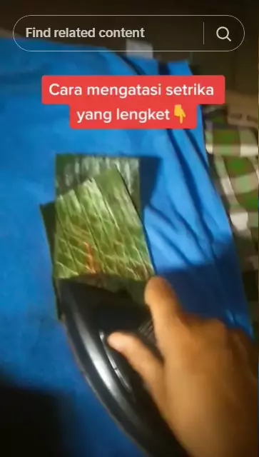 Trik usir noda lengket setrika pakai daun © TikTok Trik usir noda lengket setrika pakai daun © TikTok