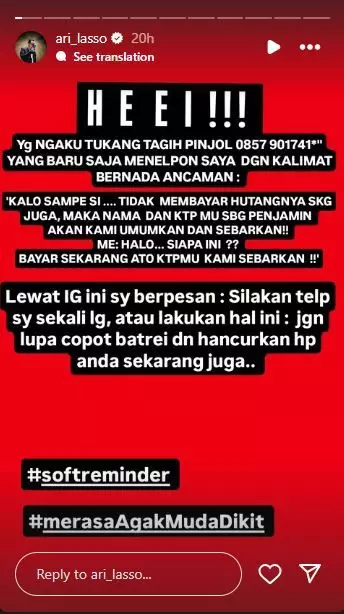 ari lasso diteror tukang pinjol  © 2025 Instagram