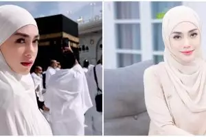 9 Potret Celine Evangelista tampil stunning berhijab saat umrah, gayanya pakai cadar banjir pujian