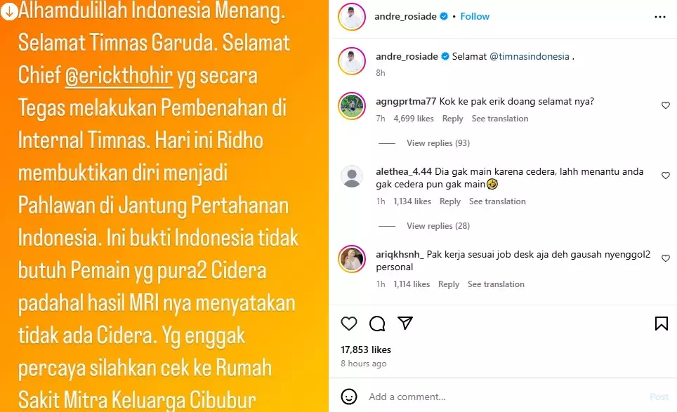 Heboh unggahan mertua Pratama Arhan © Instagram Heboh unggahan mertua Pratama Arhan © Instagram