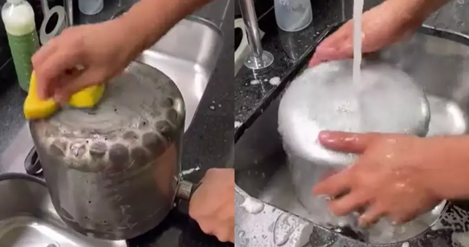 Trik bersihkan noda gosong di pantat panci pakai soda © TikTok