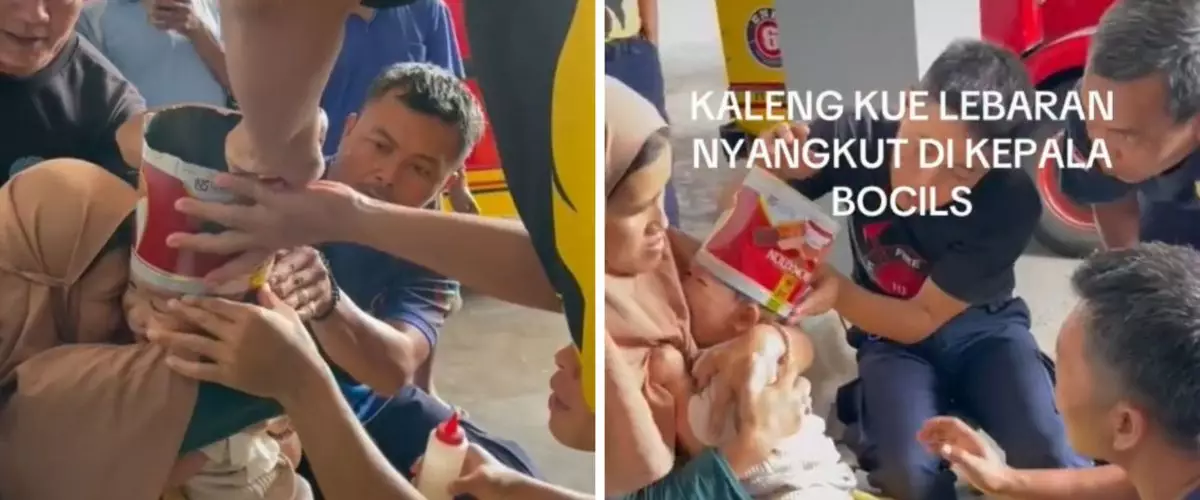 Viral kepala balita nyangkut di kaleng kue Lebaran, Damkar turun tangan, momen evakuasinya dramatis