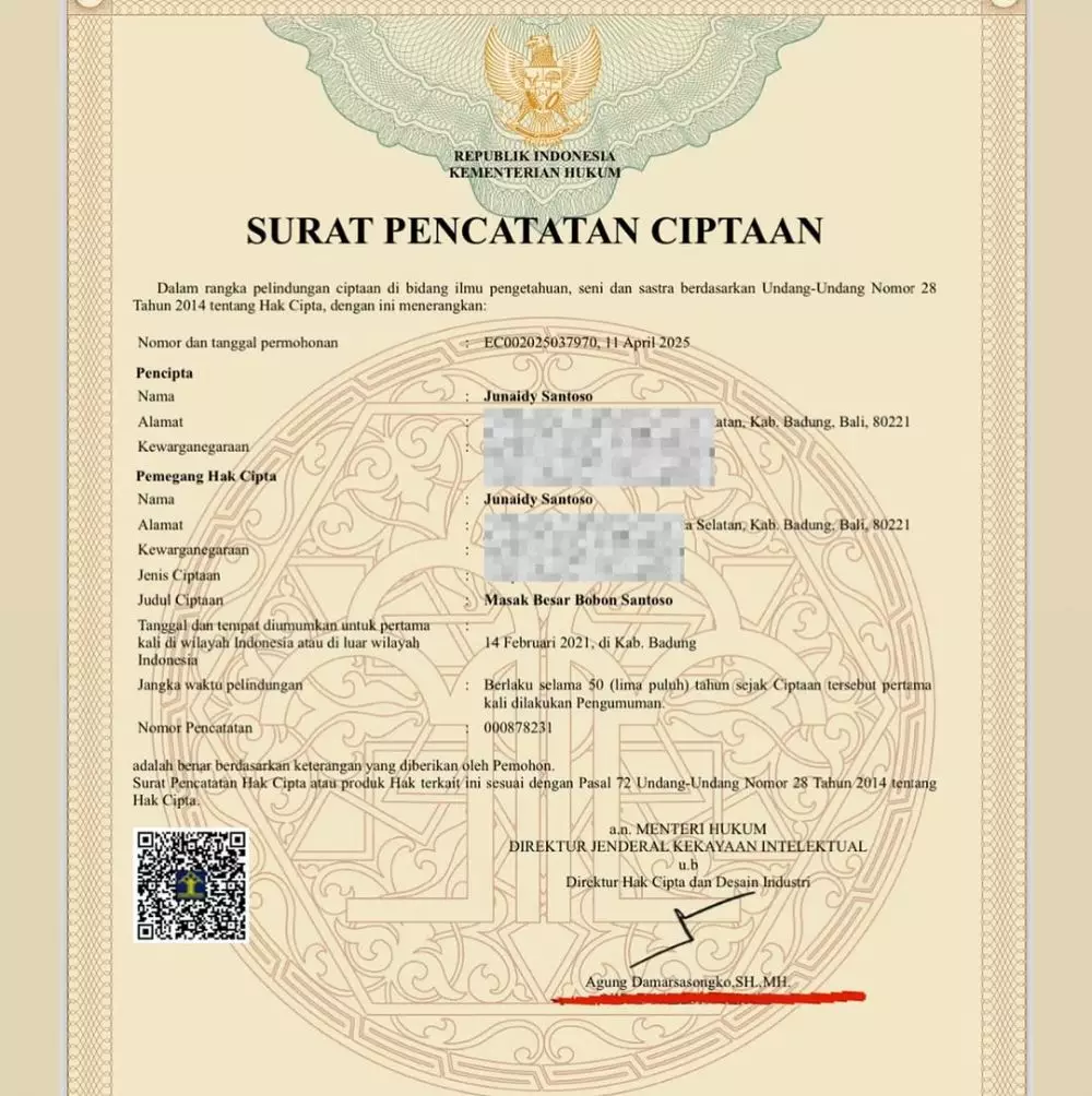 Bobon Santoso patenkan hak cipta © Instagram