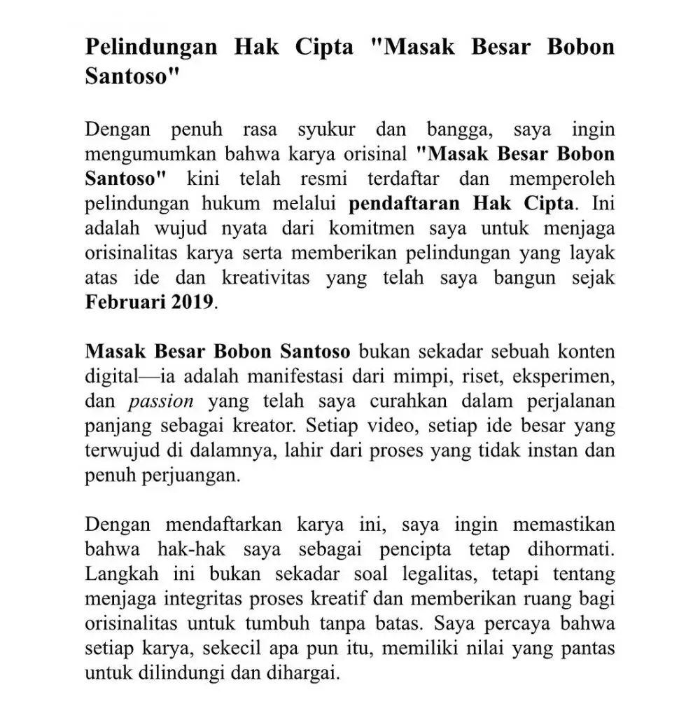 Bobon Santoso patenkan hak cipta © Instagram