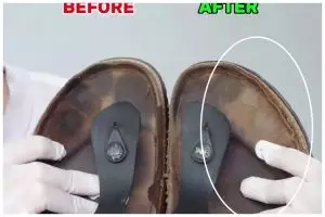 Cara bersihkan noda hitam bekas kaki di sandal kulit lama jadi kinclong, pakai 2 bahan dapur