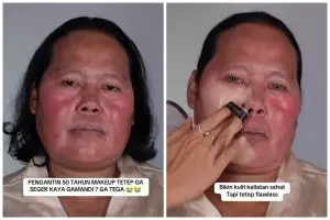 Viral transformasi makeup emak-emak berwajah bulat dirias MUA jadi manten glamor, pipi terlihat tirus