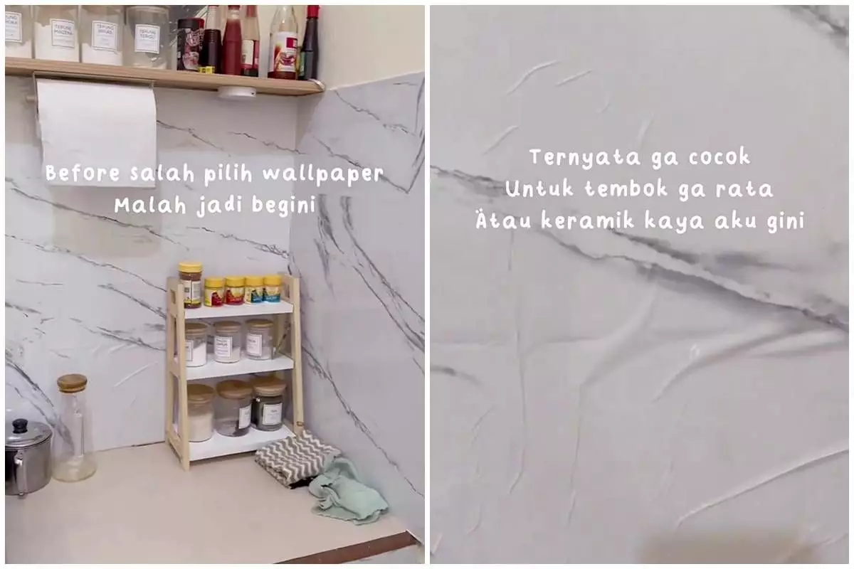 Bukan pakai wallpaper tipis, ini 8 trik makeover dinding dapur tak rata modal di bawah Rp100 ribu