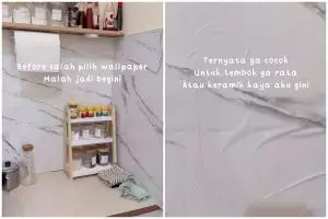 Bukan pakai wallpaper tipis, ini 8 trik makeover dinding dapur tak rata modal di bawah Rp100 ribu