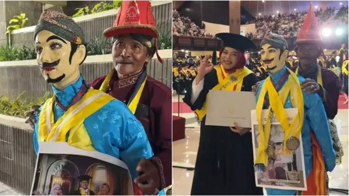 Viral ayah mertua penuhi nazar pakai kostum ledhek gogik saat menantunya wisuda S3 UGM, mengharukan