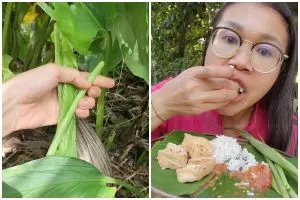 Wanita ini nikmat banget makan lalapan daun kunyit tergulung, apa enak dan khasiatnya?