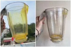 Tanpa dicuci air, sekarang begini trik mengembalikan gelas blender penuh noda kunyit jadi bersih lagi