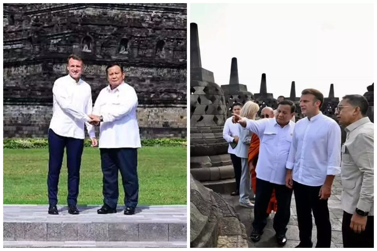 Viral Presiden Macron sentuh patung Budha saat naik ke puncak Candi Borobudur