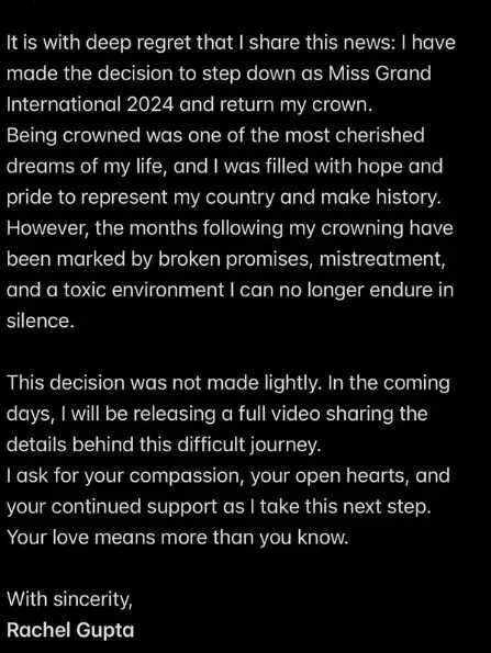 Rachel Gupta mundur dari Miss Grand International © Instagram
