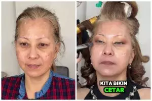 Mulanya tampak kendur dengan flek hitam, transformasi tante dirias bold ini bikin lupa wajah asli