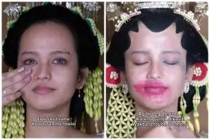 Pakai siger dan paes, transformasi pengantin retouch makeup ini pangling meski cuma beda warna lipstik