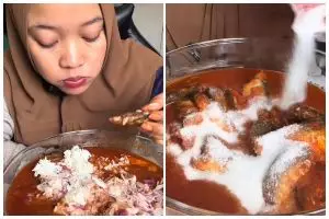 Ugal-ugalan nambah micin separuh wadah ke ikan sarden, aksi cewek mukbang ini bikin khawatir kesehatan