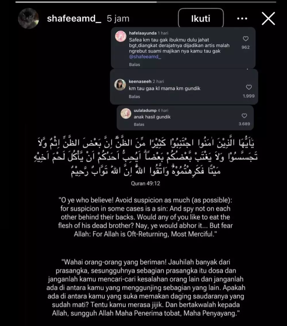 Balasan Safeea Ahmad untuk komentar kebencian dirinya © 2025 Instagram