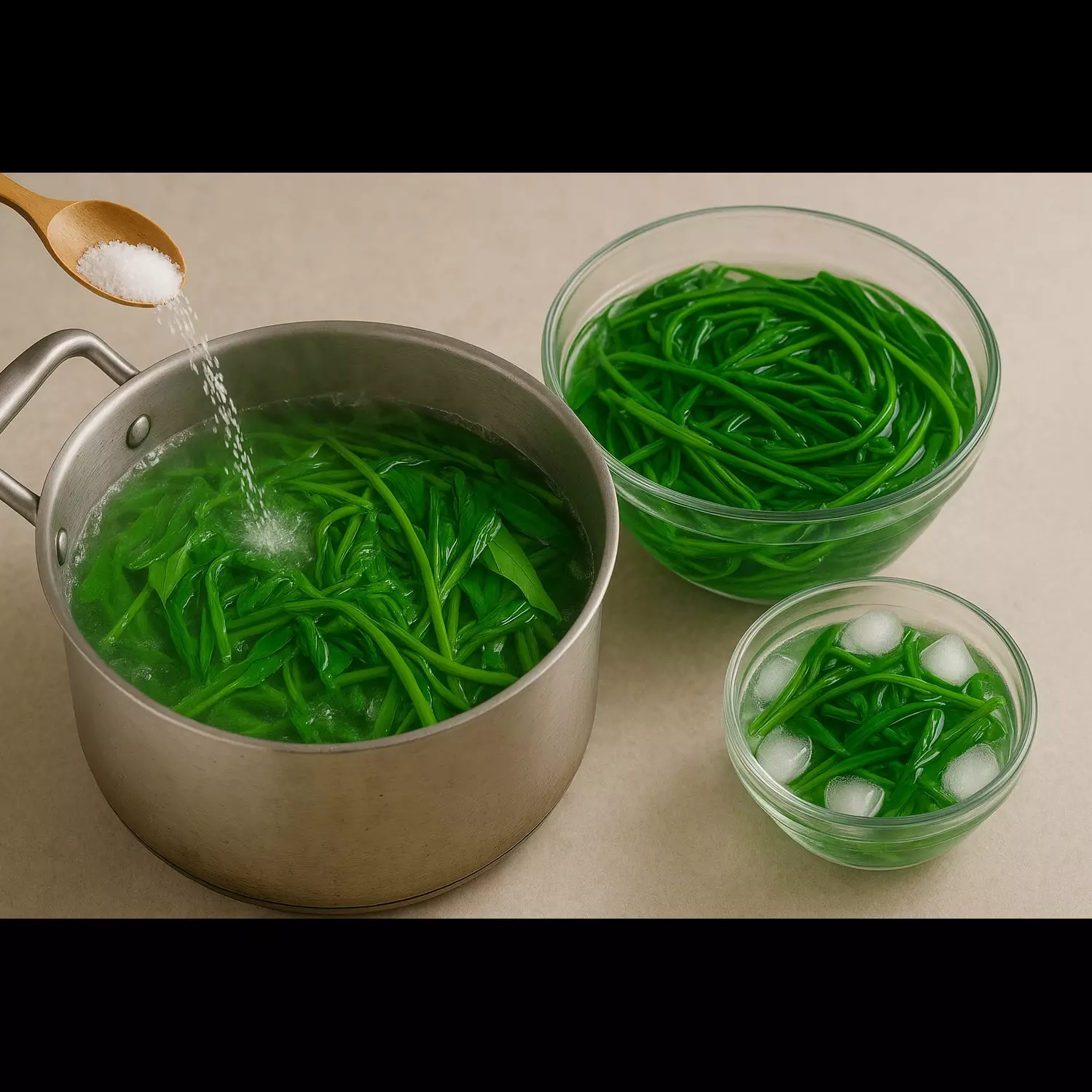 Blanching kangkung dengan air garam dan air es, trik simpel untuk warna cerah dan tekstur crunchy