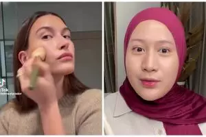 Wanita ini campur 2 produk untuk jajal foundation hacks ala Hailey Bieber, flawless bak second skin