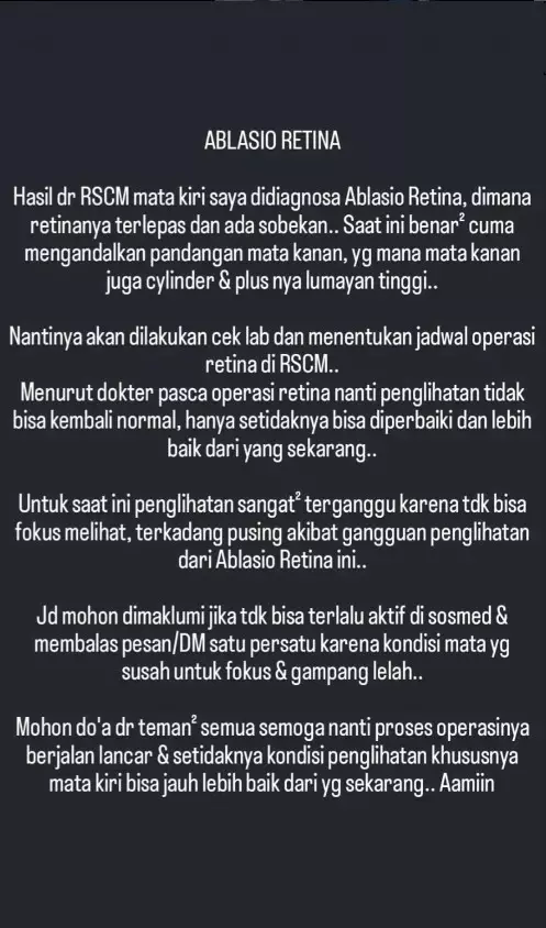 Veri AFI operasi ablasio retina mata kiri © 2025 Instagram