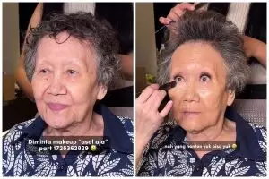 Complexion mulus tanpa color corrector, transformasi nenek dirias soft makeup ini tampil muda lagi