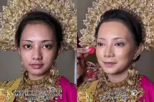 Bentuk matanya menonjol, transformasi makeup pengantin Bugis ini langsung manglingi usai dirias bold